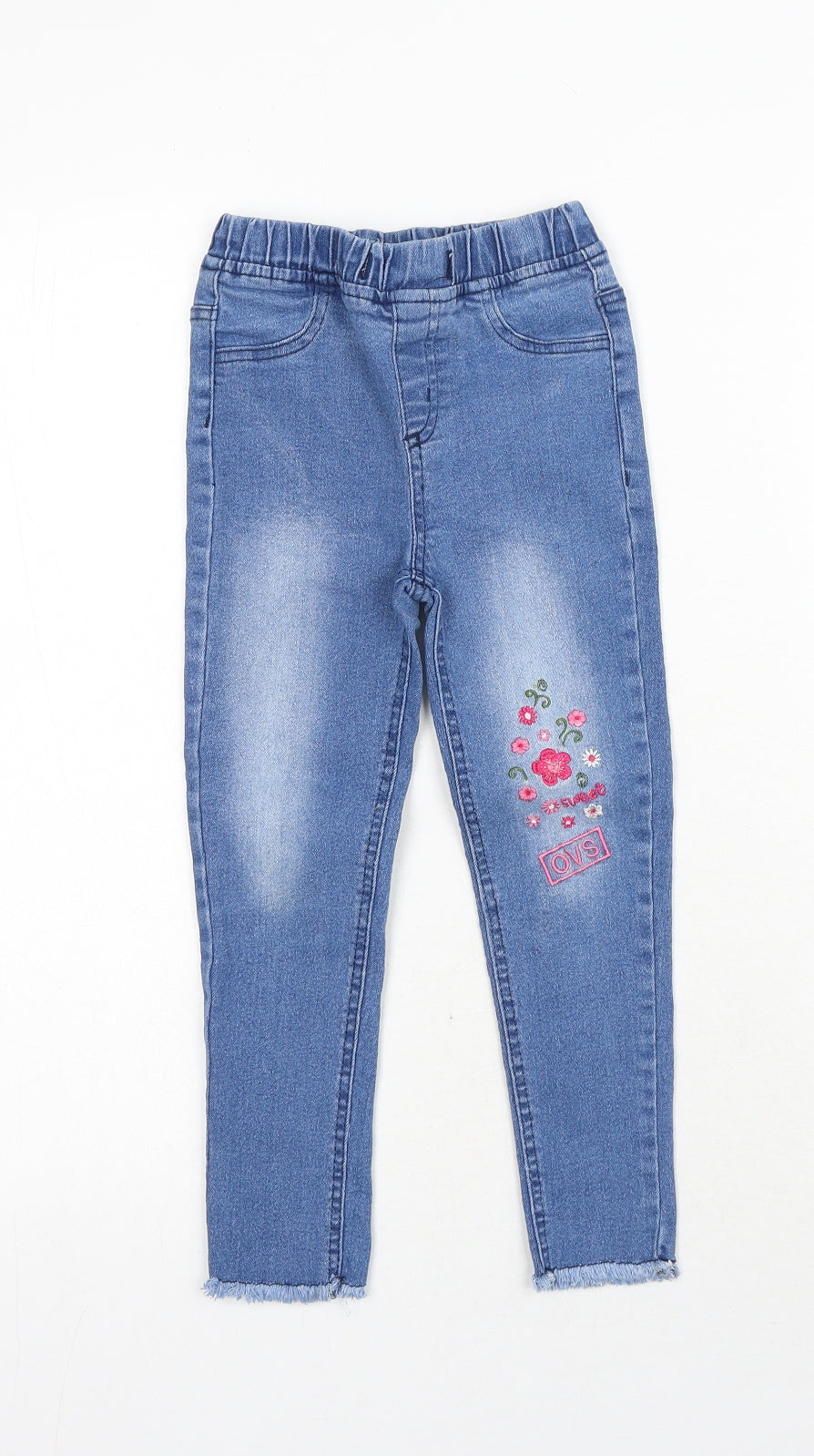 Fagottino Girls Blue Cotton Skinny Jeans Size 9-10 Years Regular Button - Floral Detail
