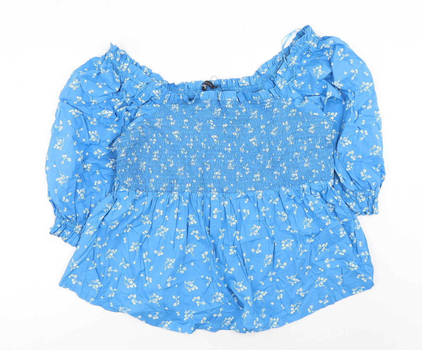 Marks and Spencer Womens Blue Floral Cotton Basic Blouse Size 20 Boat Neck - Shirred Peplum