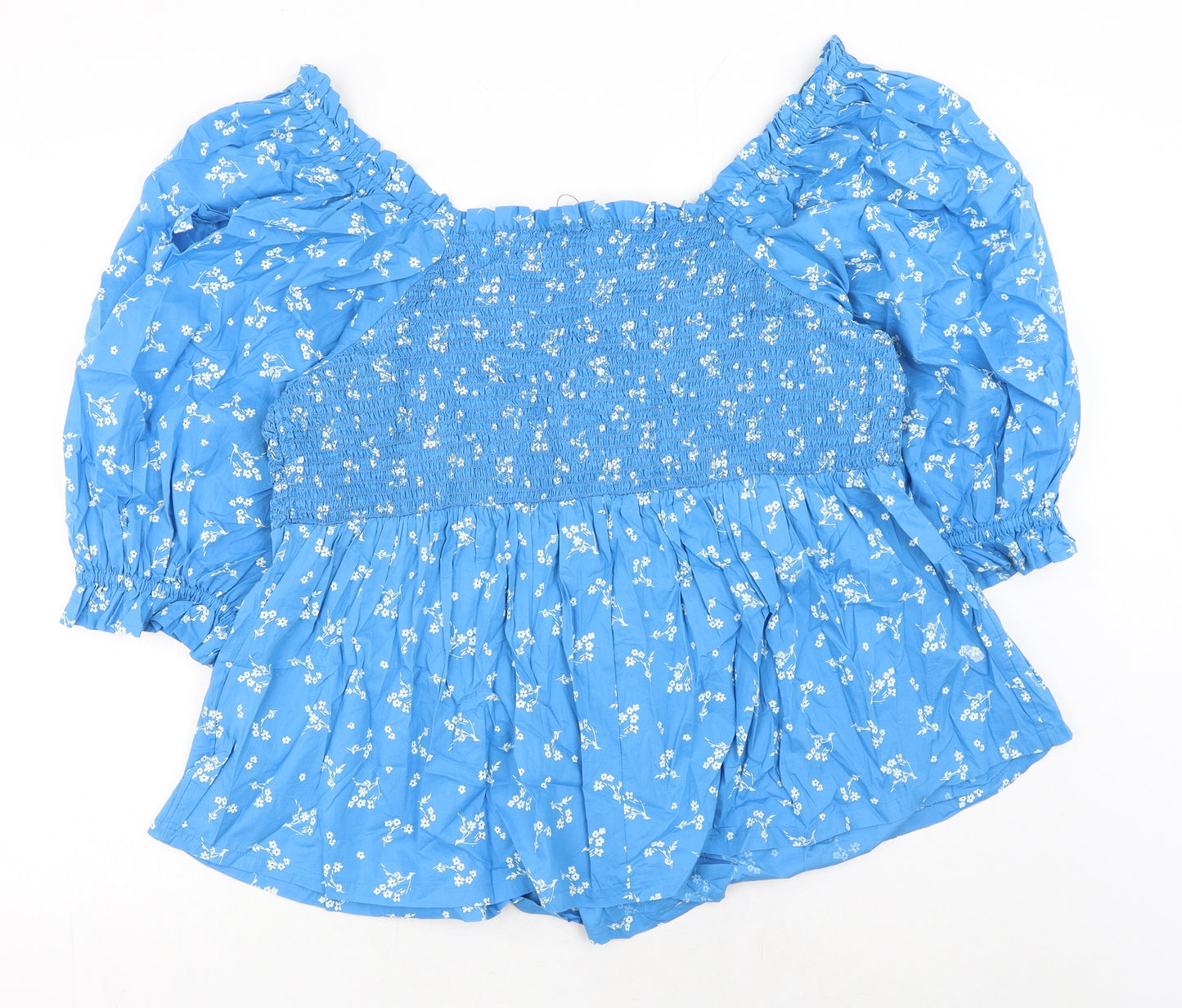 Marks and Spencer Womens Blue Floral Cotton Basic Blouse Size 20 Boat Neck - Shirred Peplum
