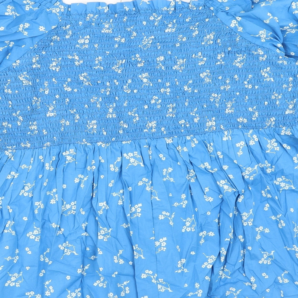 Marks and Spencer Womens Blue Floral Cotton Basic Blouse Size 20 Boat Neck - Shirred Peplum