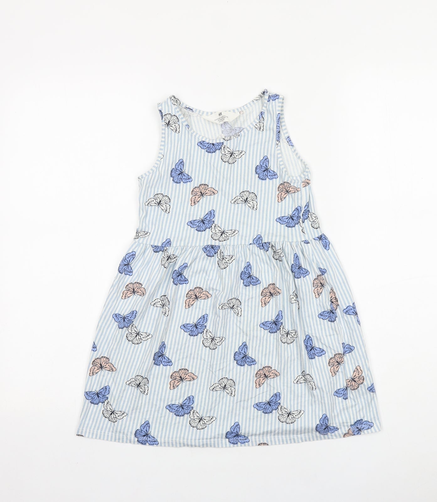 H&M Girls Blue Geometric 100% Cotton T-Shirt Dress Size 6-7 Years Round Neck Pullover - Butterfly Print