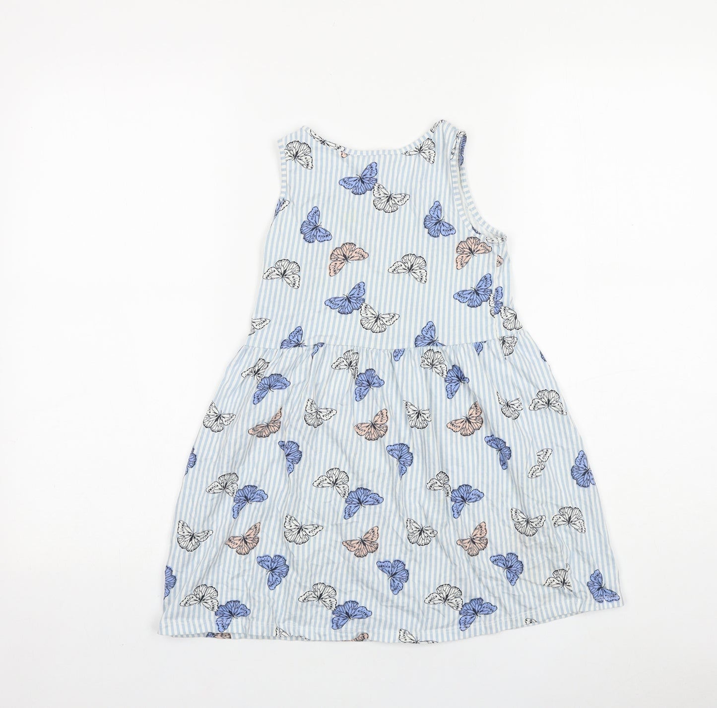 H&M Girls Blue Geometric 100% Cotton T-Shirt Dress Size 6-7 Years Round Neck Pullover - Butterfly Print