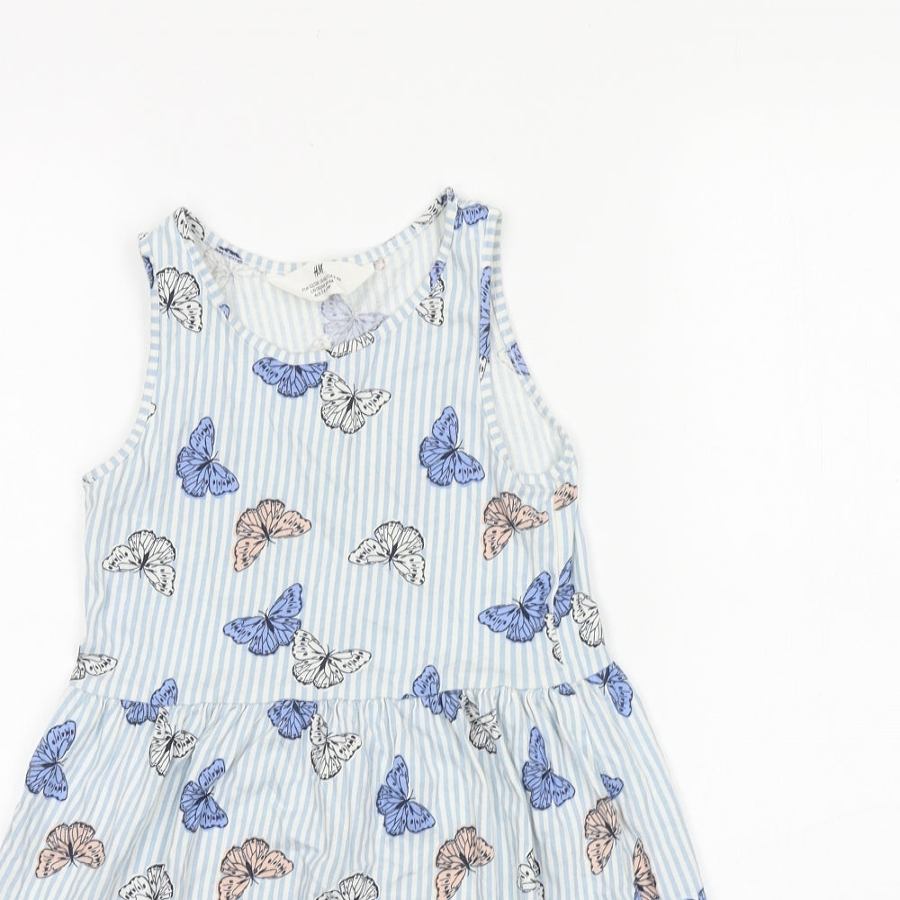 H&M Girls Blue Geometric 100% Cotton T-Shirt Dress Size 6-7 Years Round Neck Pullover - Butterfly Print