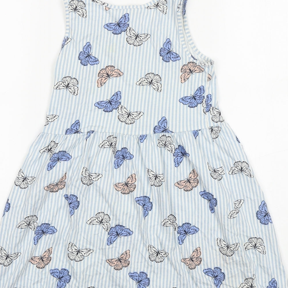 H&M Girls Blue Geometric 100% Cotton T-Shirt Dress Size 6-7 Years Round Neck Pullover - Butterfly Print