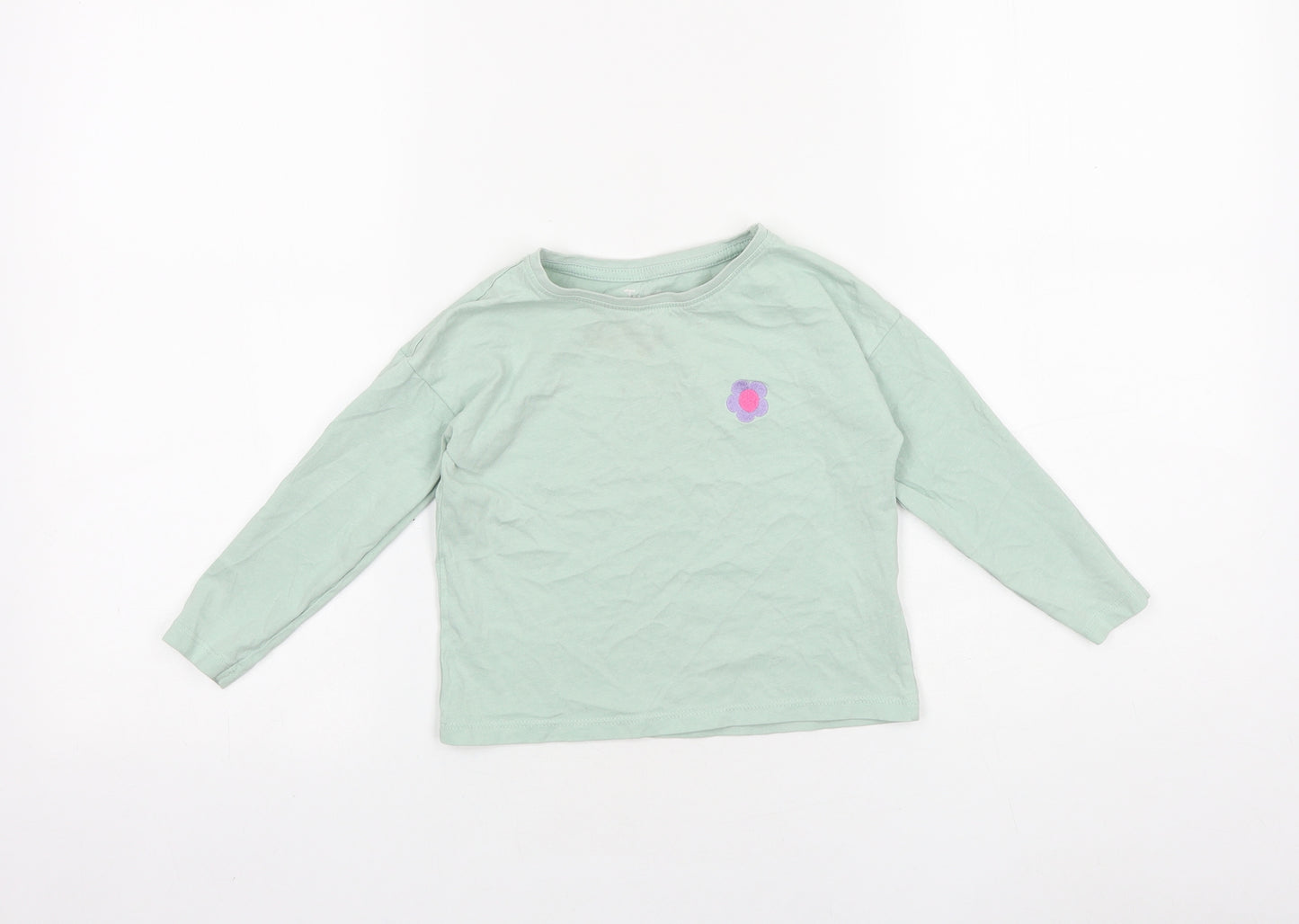TU Girls Green 100% Cotton Basic T-Shirt Size 3 Years Round Neck Pullover