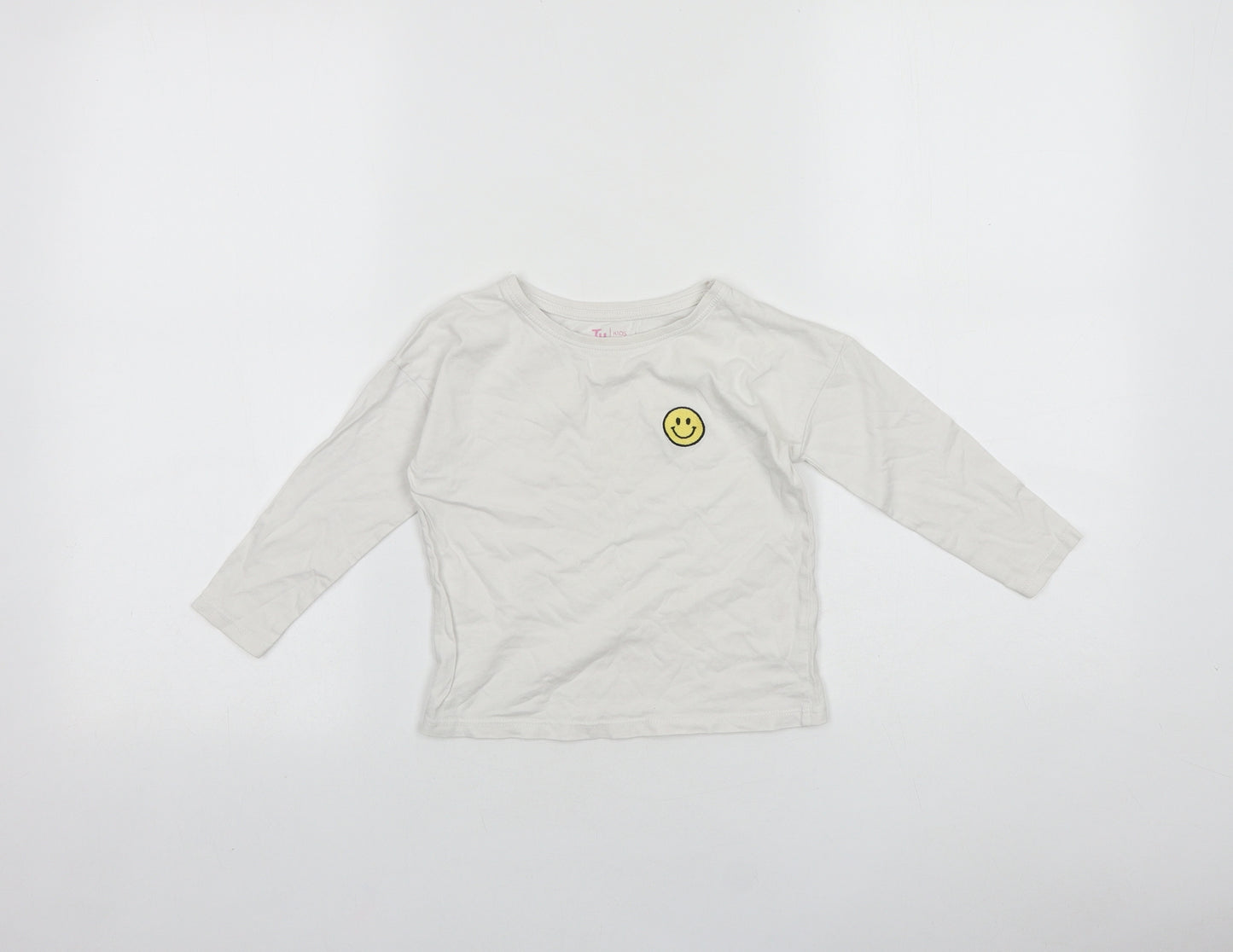TU Girls White 100% Cotton Basic T-Shirt Size 3 Years Round Neck Pullover - Smiley face