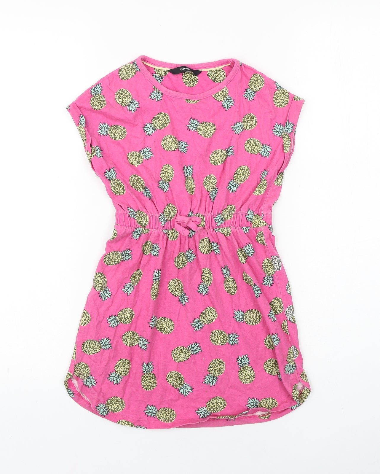 George Girls Pink Geometric 100% Cotton T-Shirt Dress Size 6-7 Years Round Neck Pullover - Pineapple