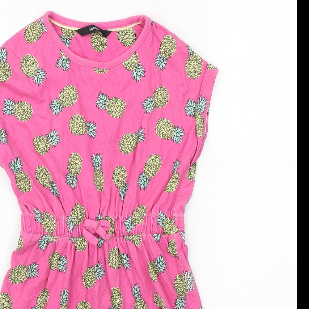 George Girls Pink Geometric 100% Cotton T-Shirt Dress Size 6-7 Years Round Neck Pullover - Pineapple