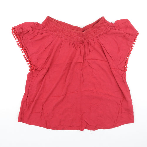 Peacocks Womens Red Polyester Basic Blouse Size 12 Boat Neck - Pom Pom Trim