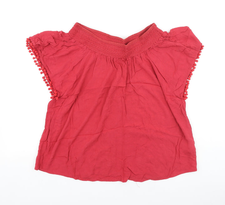 Peacocks Womens Red Polyester Basic Blouse Size 12 Boat Neck - Pom Pom Trim