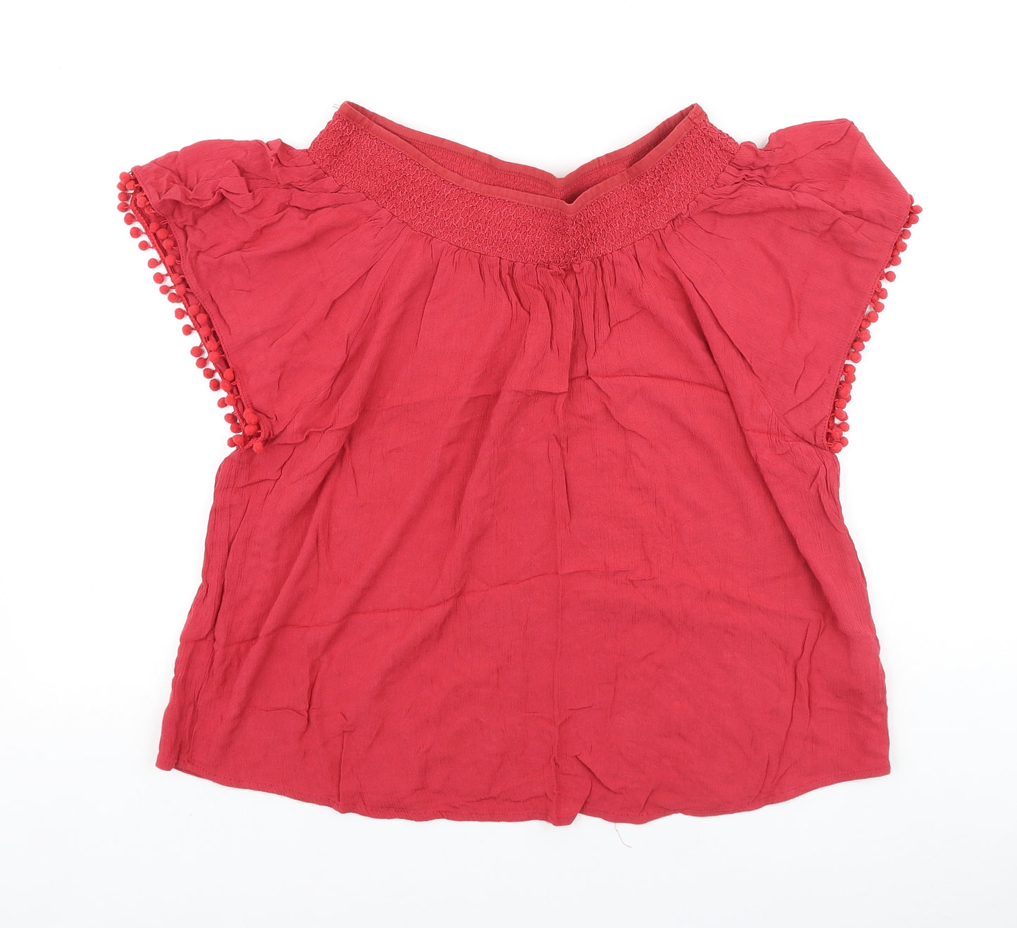 Peacocks Womens Red Polyester Basic Blouse Size 12 Boat Neck - Pom Pom Trim