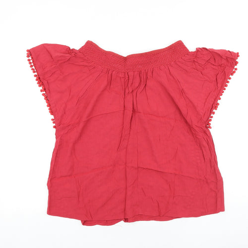 Peacocks Womens Red Polyester Basic Blouse Size 12 Boat Neck - Pom Pom Trim