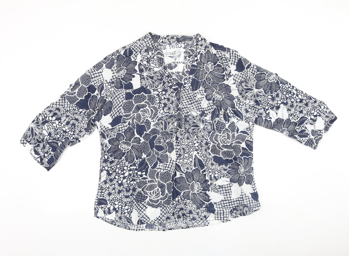 Marks and Spencer Womens Blue Floral 100% Cotton Basic Blouse Size 16 V-Neck