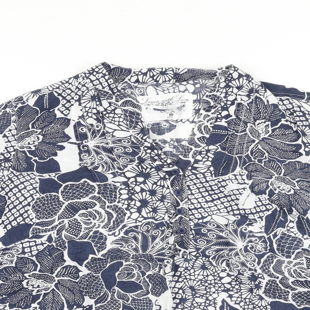 Marks and Spencer Womens Blue Floral 100% Cotton Basic Blouse Size 16 V-Neck