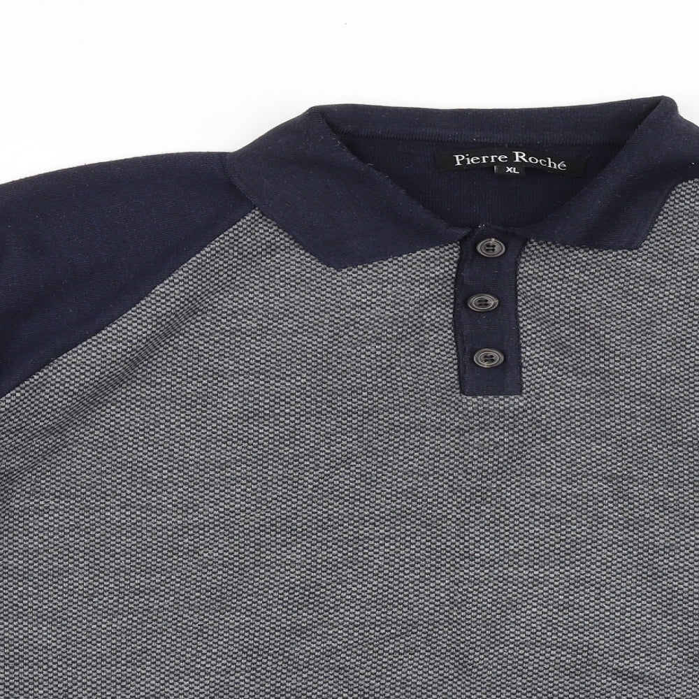 Pierre Roche Mens Blue Collared Cotton Pullover Jumper Size XL Long Sleeve