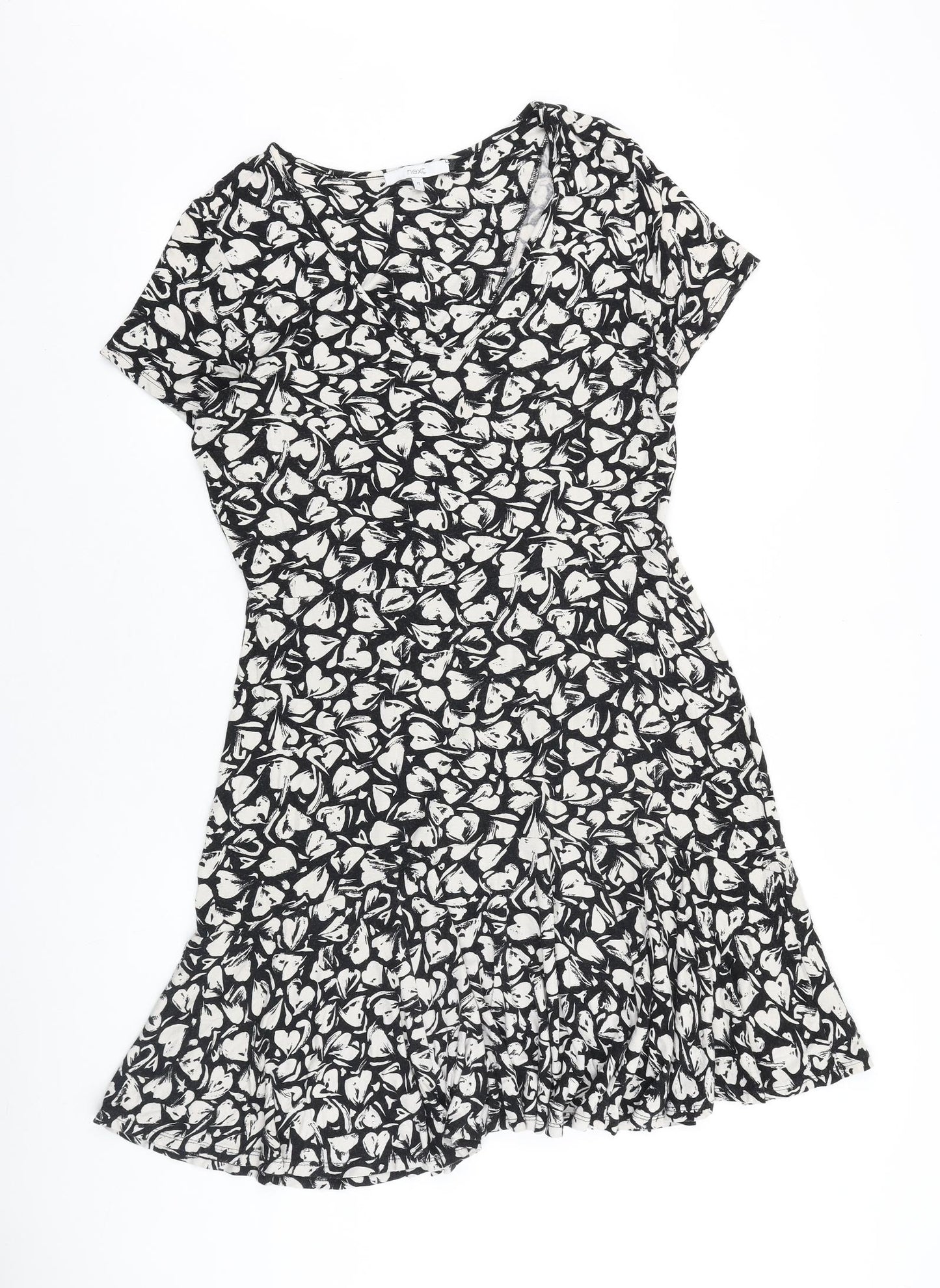 NEXT Womens Black Geometric 100% Cotton Fit & Flare Size 12 V-Neck Pullover - Heart Pattern