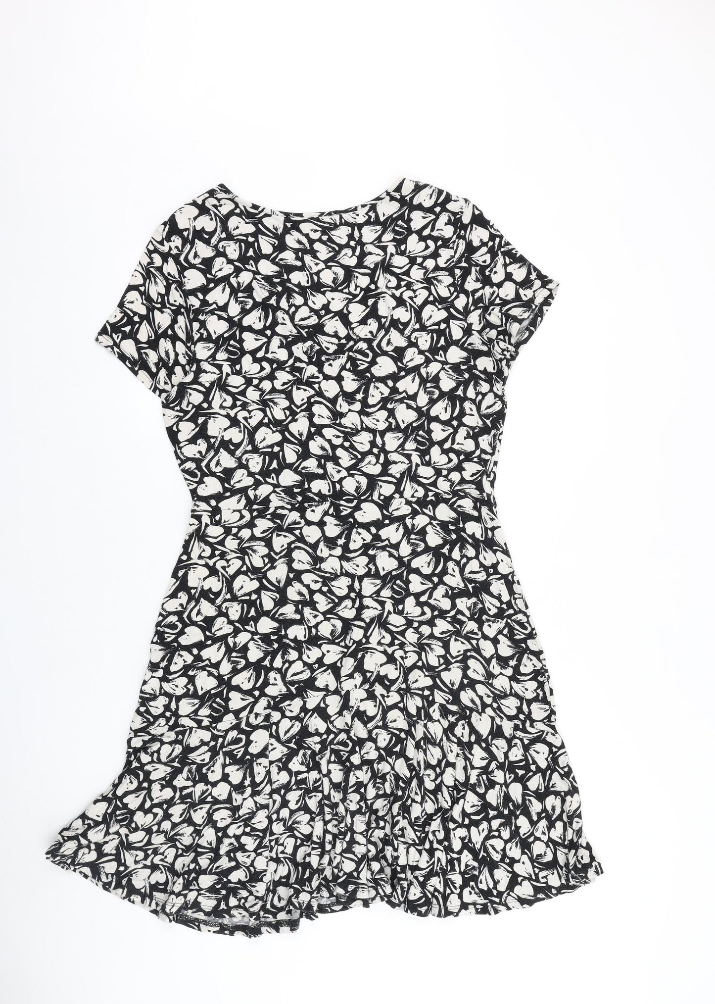 NEXT Womens Black Geometric 100% Cotton Fit & Flare Size 12 V-Neck Pullover - Heart Pattern