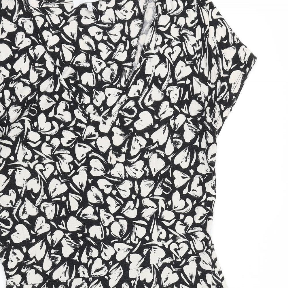 NEXT Womens Black Geometric 100% Cotton Fit & Flare Size 12 V-Neck Pullover - Heart Pattern