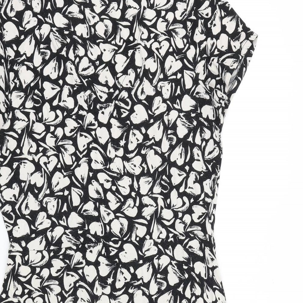NEXT Womens Black Geometric 100% Cotton Fit & Flare Size 12 V-Neck Pullover - Heart Pattern