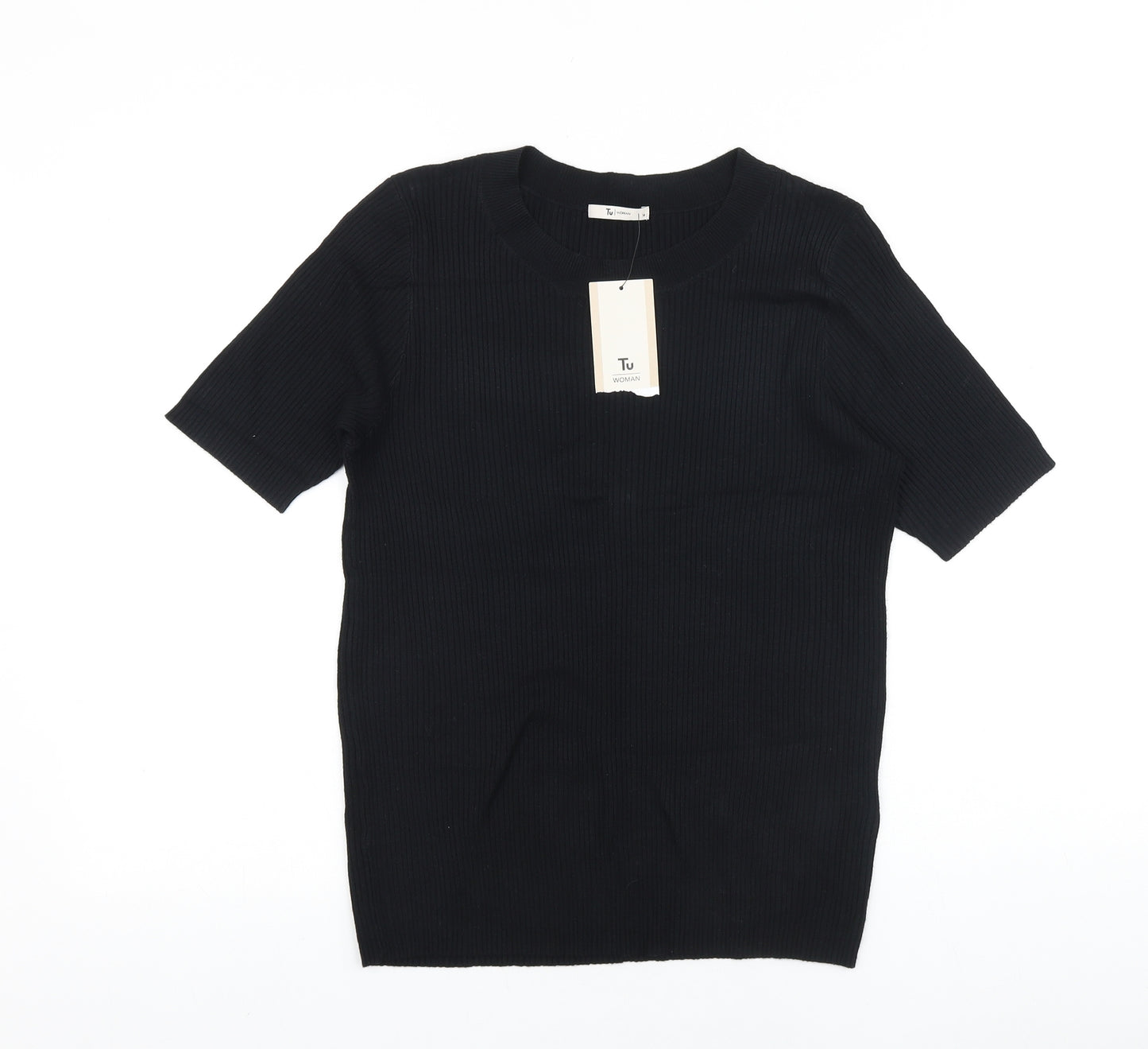 TU Womens Black 100% Cotton Basic T-Shirt Size 14 Scoop Neck - Ribbed