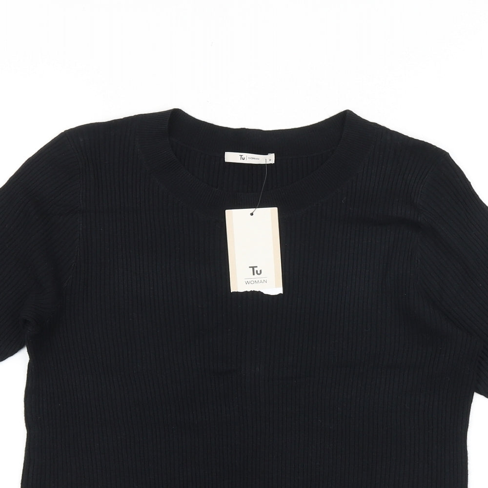 TU Womens Black 100% Cotton Basic T-Shirt Size 14 Scoop Neck - Ribbed