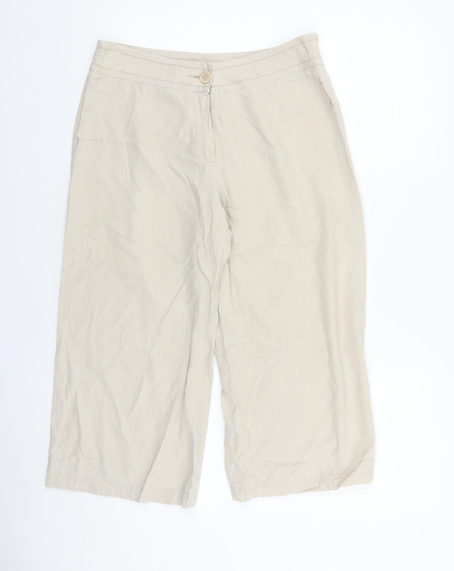 Marks and Spencer Womens Beige Linen Cropped Trousers Size 12 L20 in Regular Button