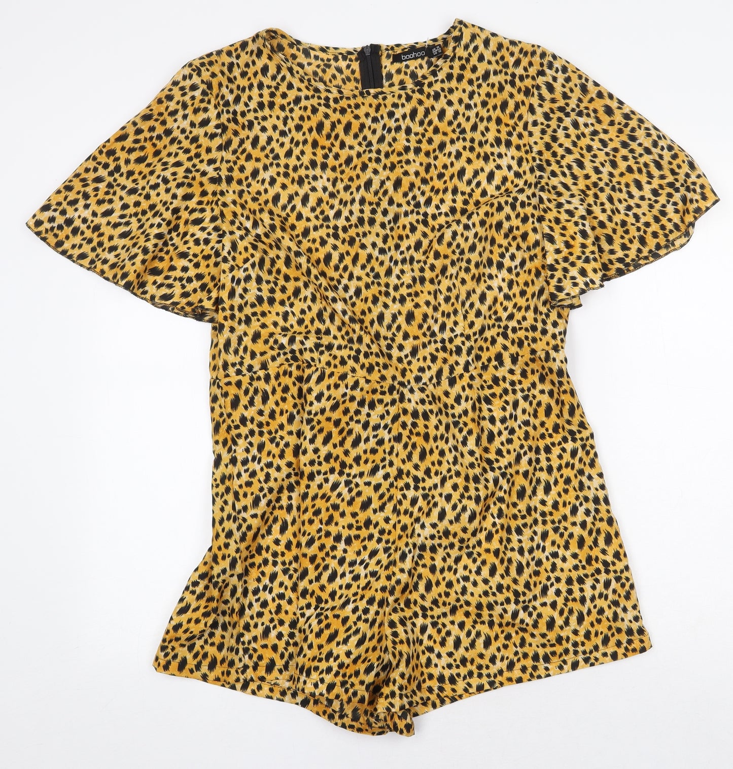 Boohoo Womens Yellow Animal Print Polyester Playsuit One-Piece Size 14 Zip