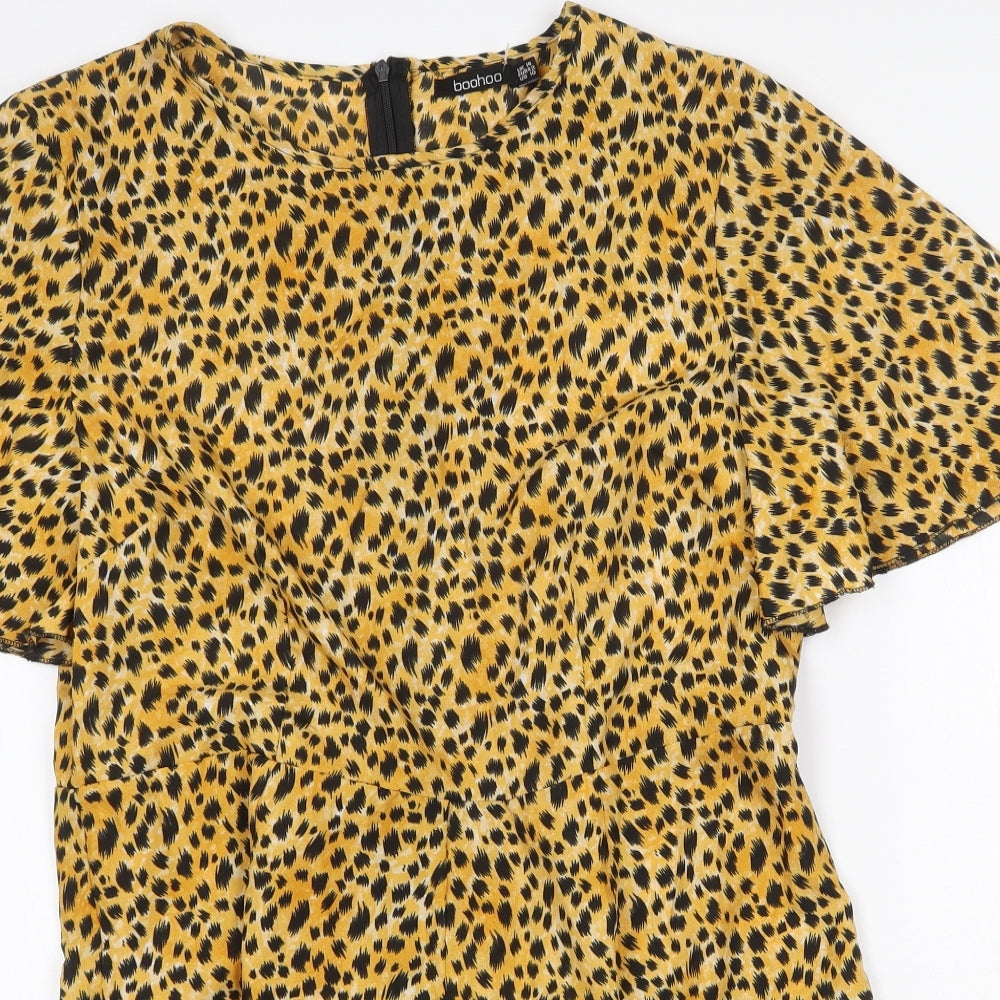 Boohoo Womens Yellow Animal Print Polyester Playsuit One-Piece Size 14 Zip