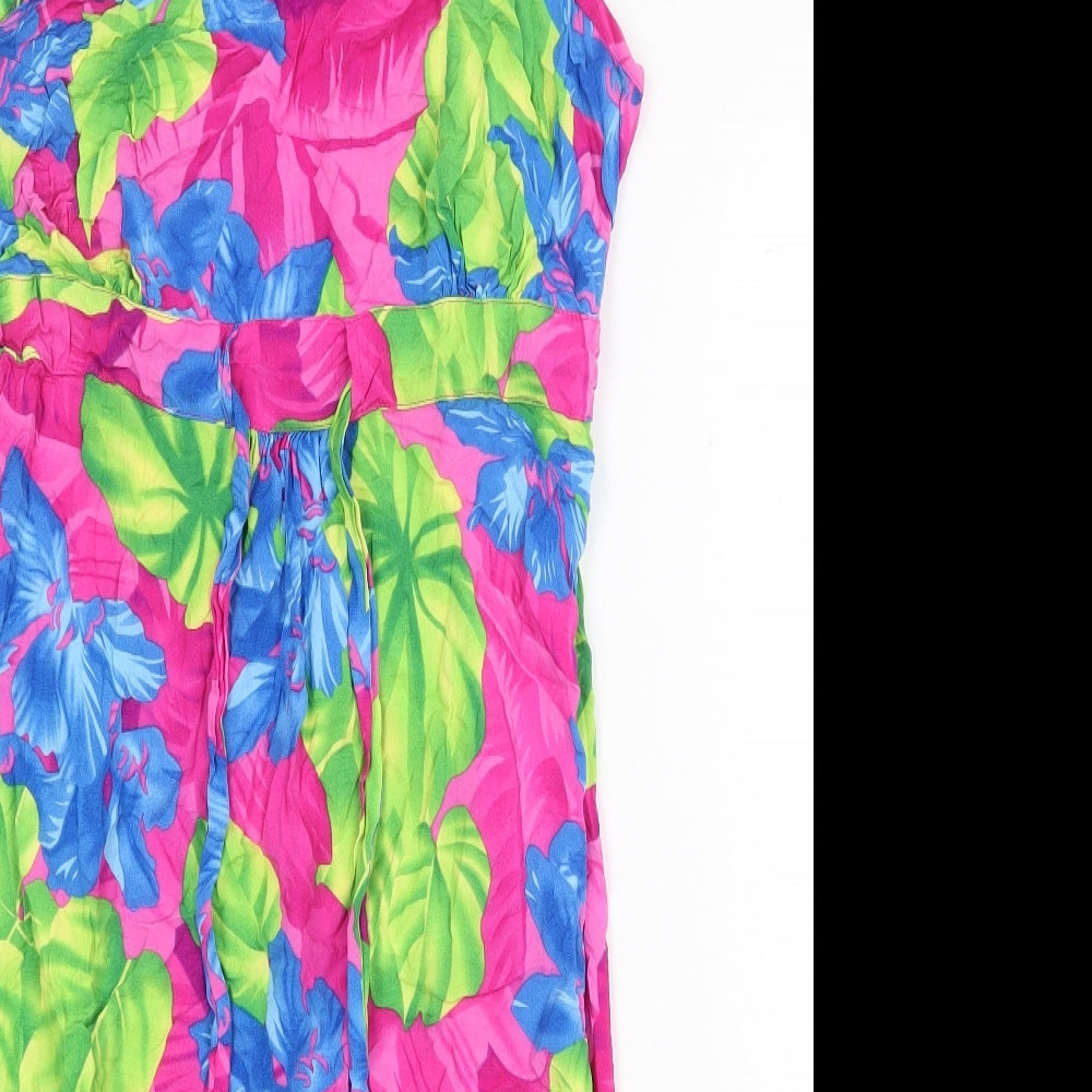 BHS Womens Multicoloured Floral Viscose Slip Dress Size 16 Scoop Neck Tie