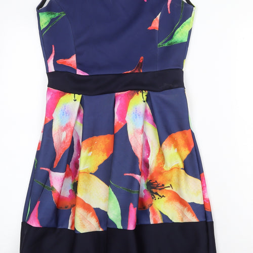 Want That Trend Womens Blue Floral Polyester Fit & Flare Size 12 Boat Neck Pullover