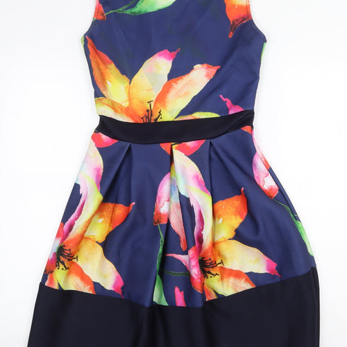 Want That Trend Womens Blue Floral Polyester Fit & Flare Size 12 Boat Neck Pullover