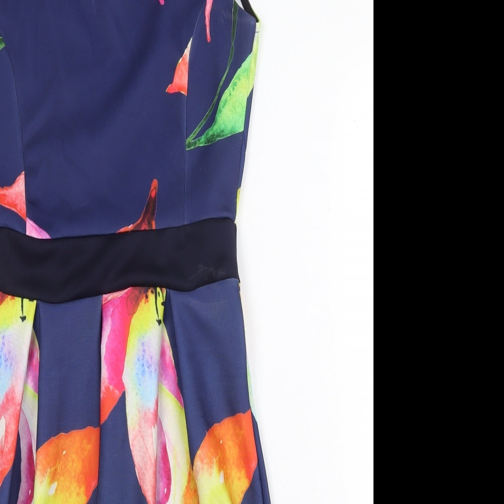 Want That Trend Womens Blue Floral Polyester Fit & Flare Size 12 Boat Neck Pullover