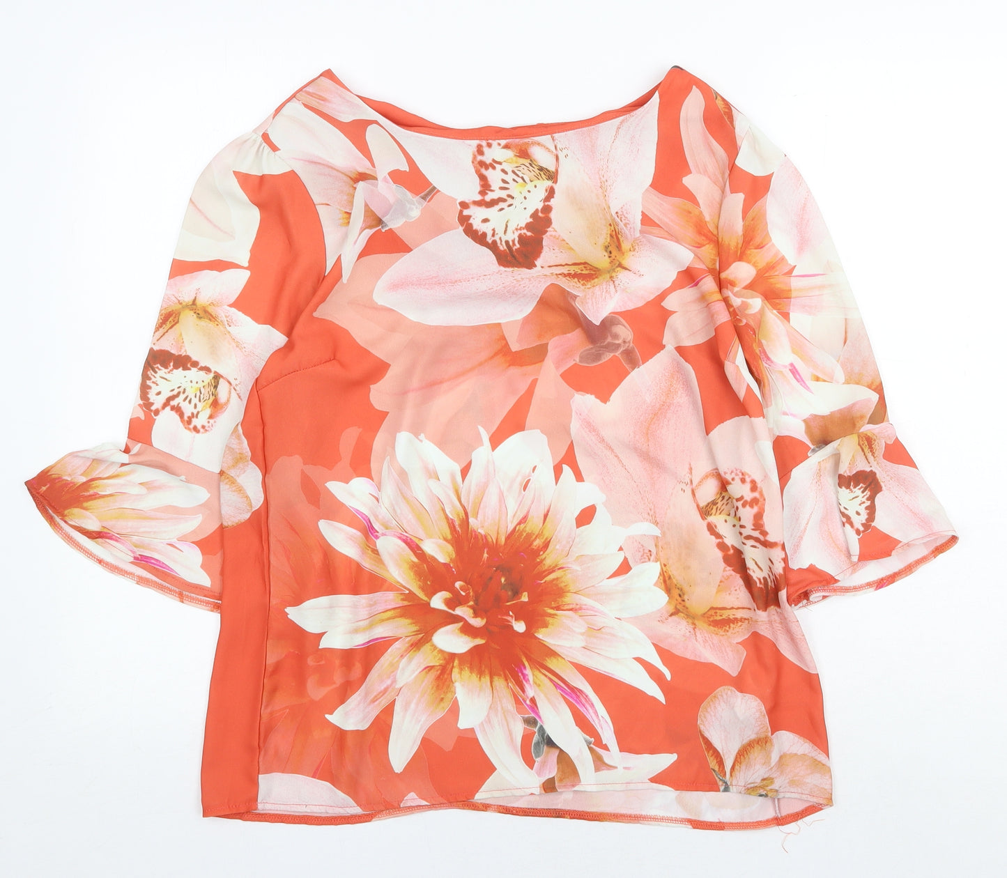 First Avenue Womens Orange Floral Polyester Basic Blouse Size 12 Boat Neck