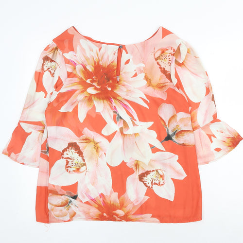 First Avenue Womens Orange Floral Polyester Basic Blouse Size 12 Boat Neck