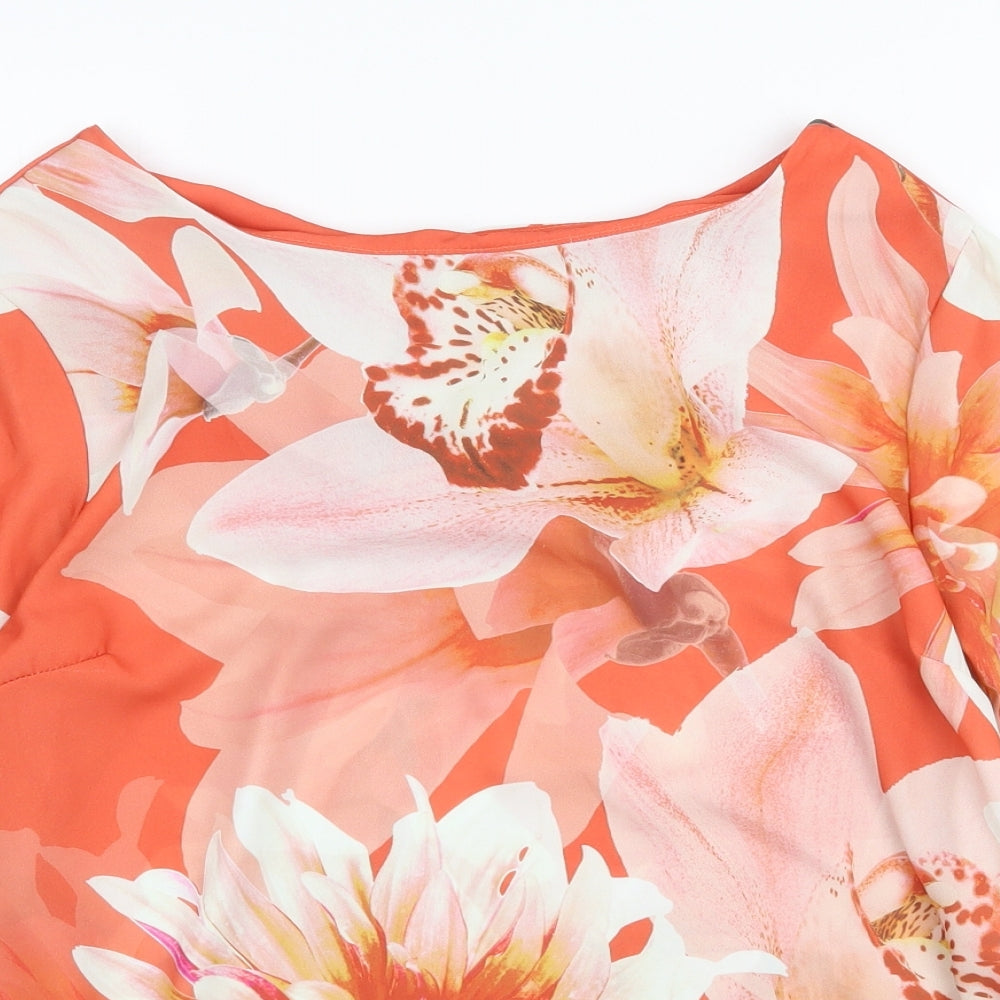 First Avenue Womens Orange Floral Polyester Basic Blouse Size 12 Boat Neck