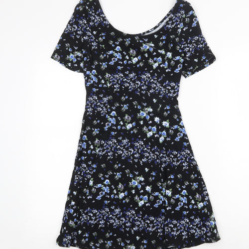 H&M Womens Black Floral Cotton Fit & Flare Size 10 Boat Neck Pullover