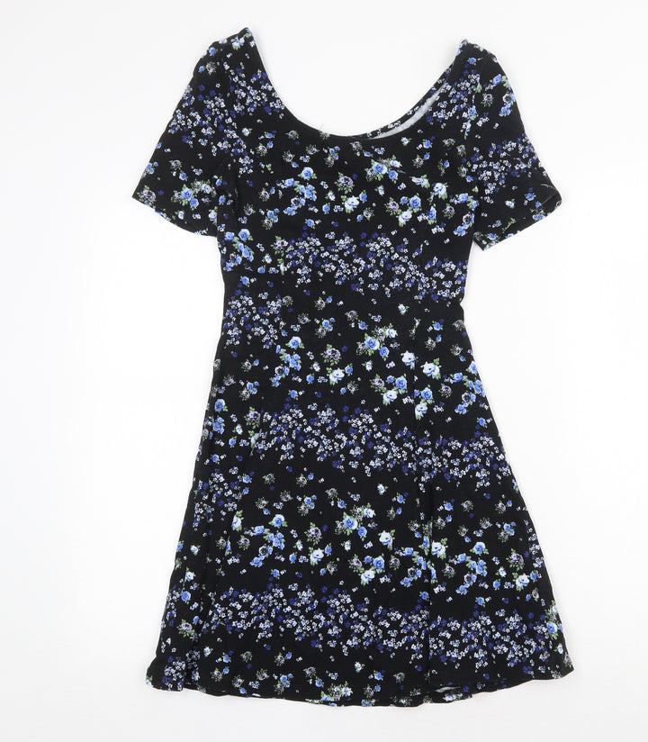 H&M Womens Black Floral Cotton Fit & Flare Size 10 Boat Neck Pullover