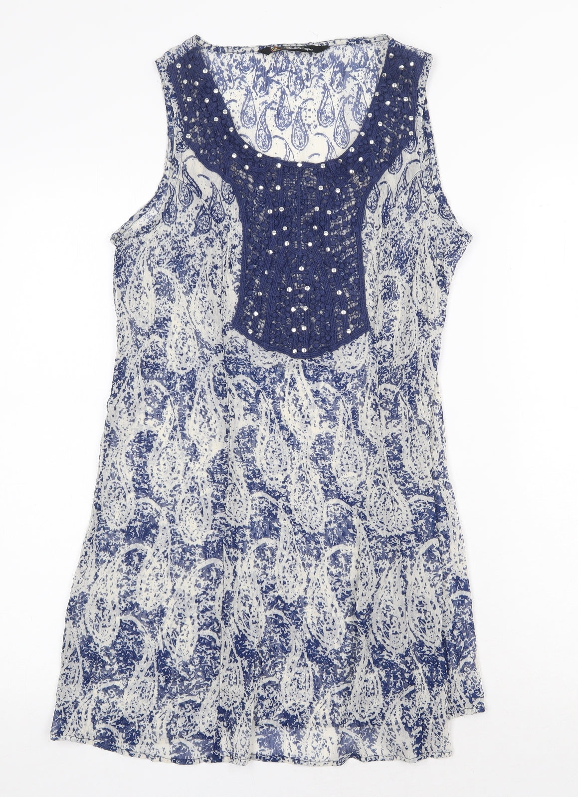 Kaleidoscope Womens Blue Paisley Polyester A-Line Size 14 Scoop Neck Pullover - Lace Detail
