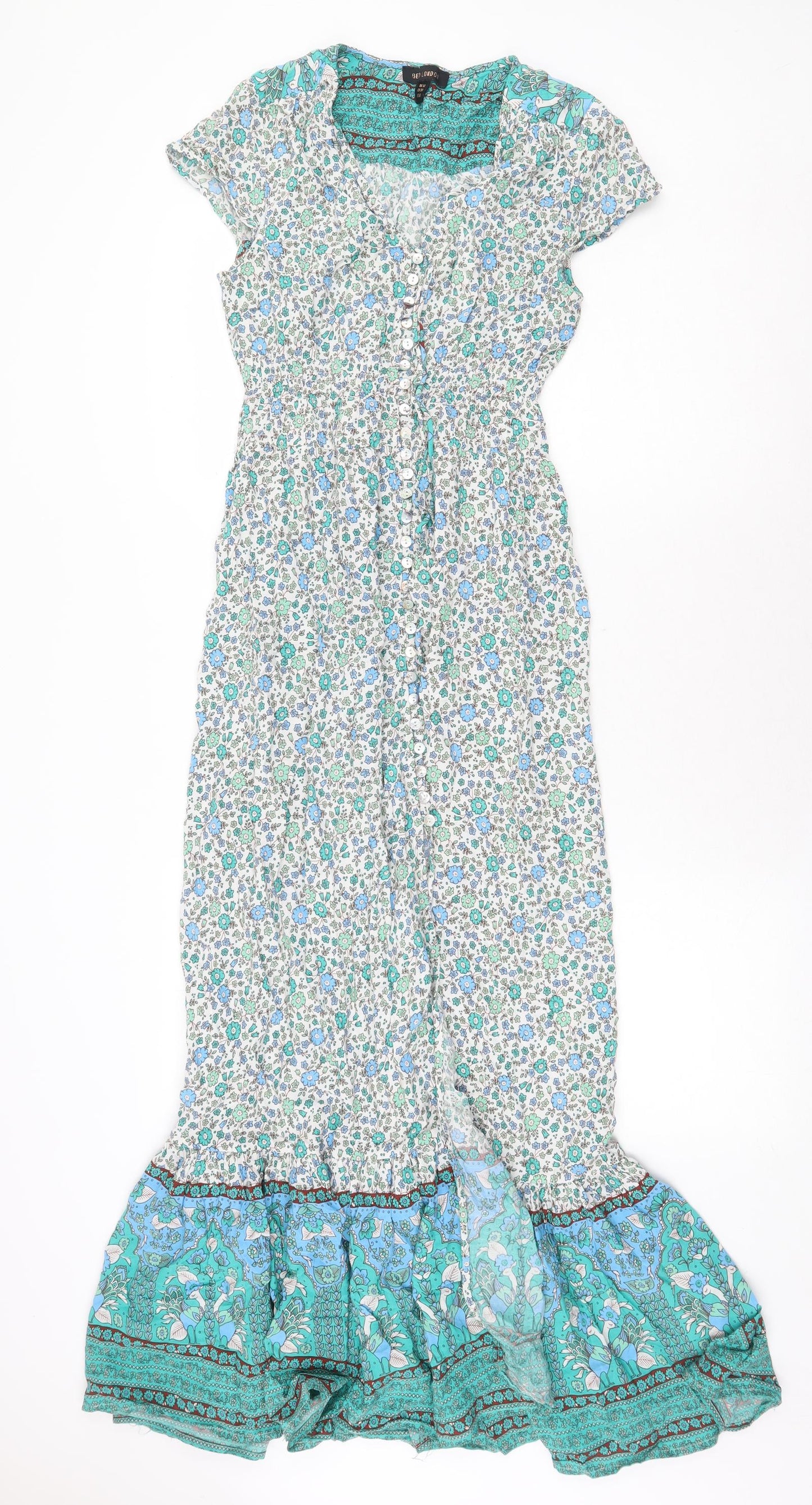 QED London Womens Green Floral Viscose Maxi Size 10 V-Neck Pullover