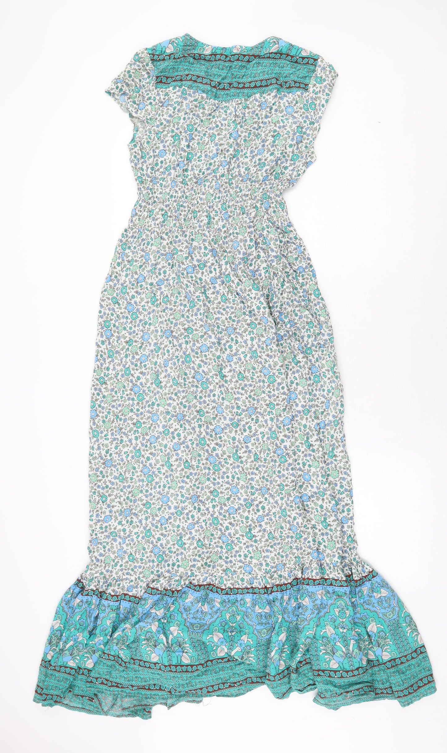 QED London Womens Green Floral Viscose Maxi Size 10 V-Neck Pullover