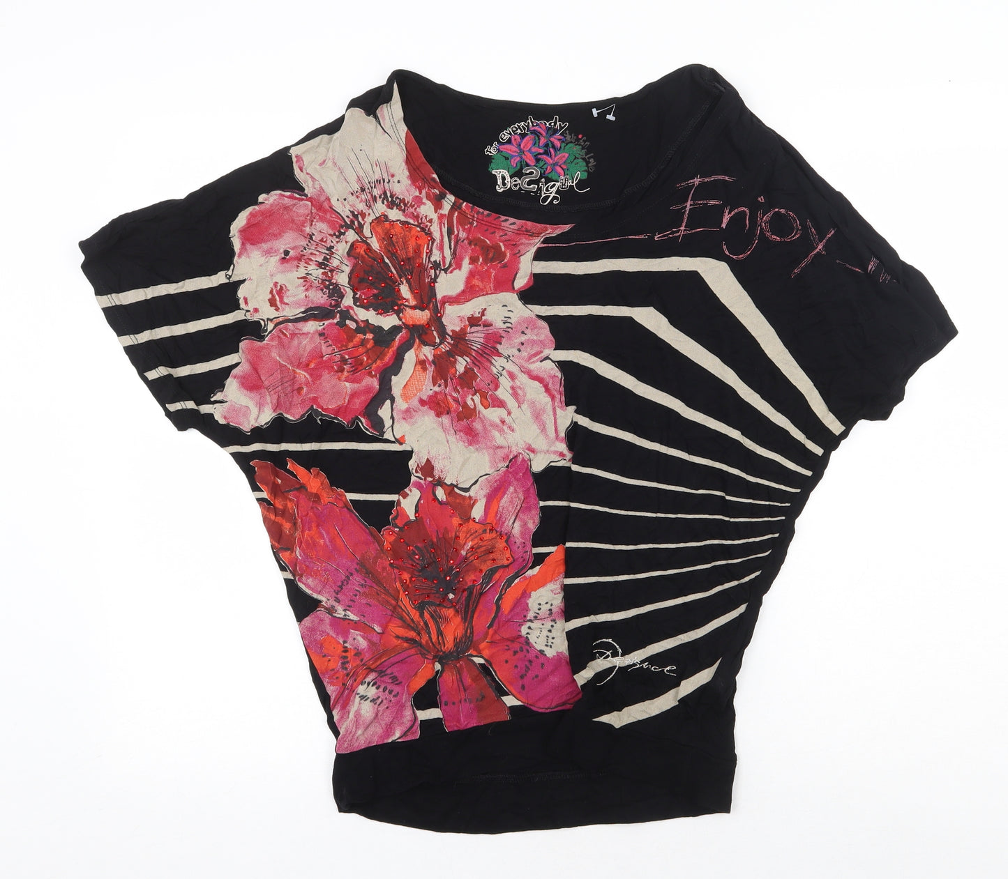 Desigual Womens Black Geometric Viscose Basic T-Shirt Size M Round Neck