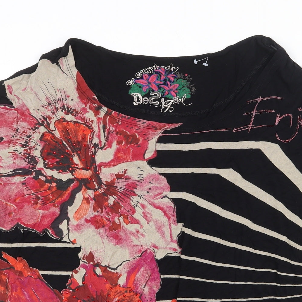 Desigual Womens Black Geometric Viscose Basic T-Shirt Size M Round Neck