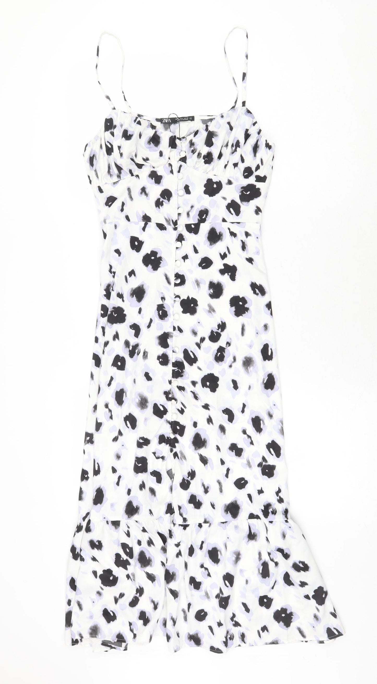 Zara Womens White Floral Polyester Trapeze & Swing Size S V-Neck Button