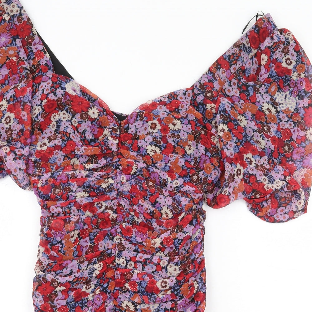 Zara Womens Red Floral Polyester Bodycon Size M Off the Shoulder Zip