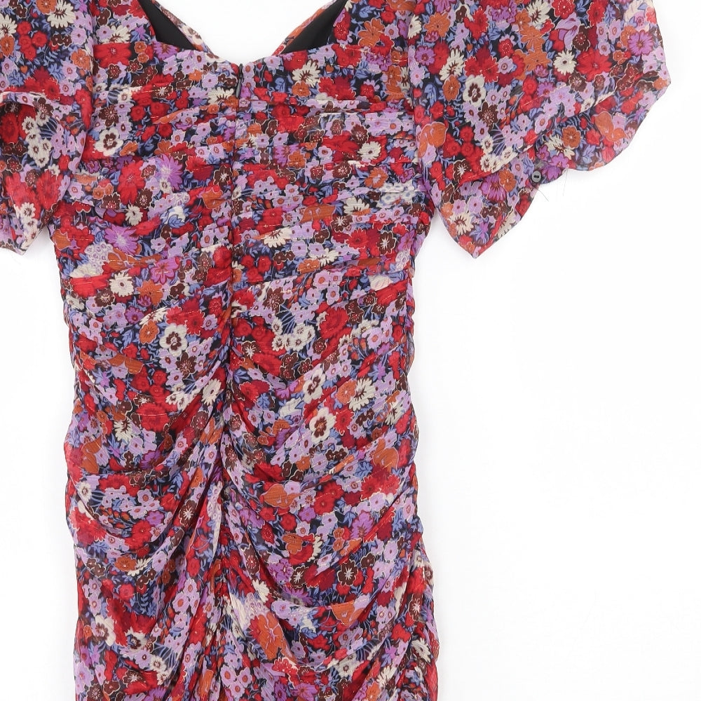 Zara Womens Red Floral Polyester Bodycon Size M Off the Shoulder Zip