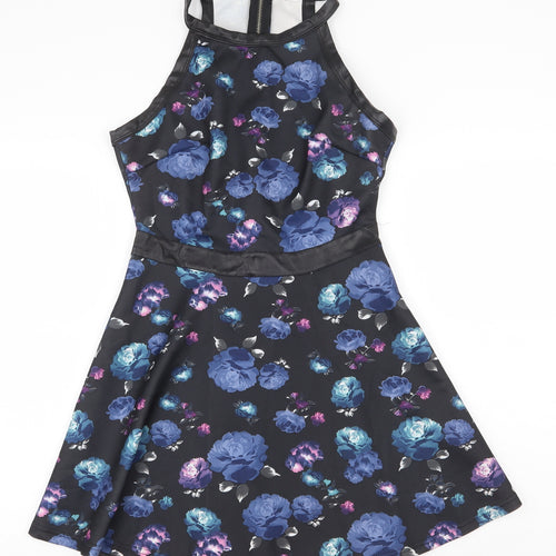 Angel Seven Womens Black Floral Polyester Fit & Flare Size M Round Neck Zip