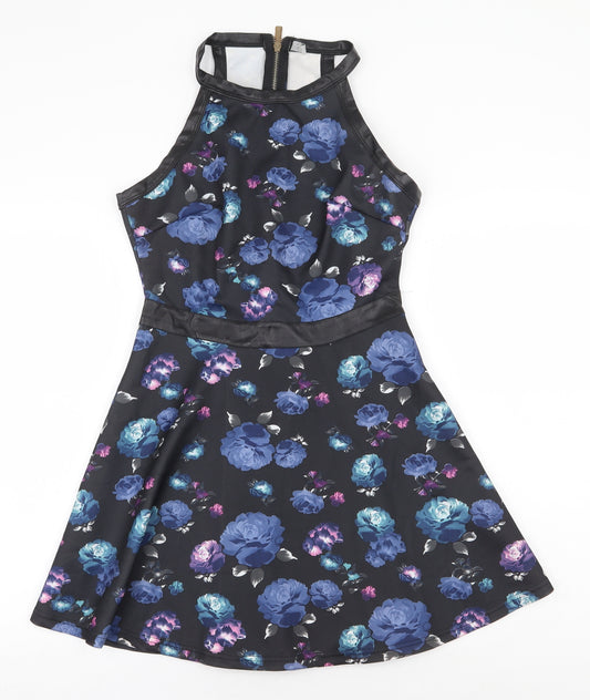Front view of Angel Seven women’s black floral polyester fit & flare, size M, round neck zip