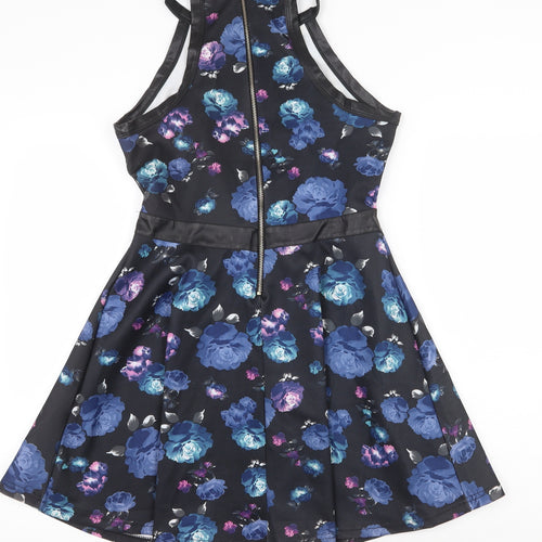 Angel Seven Womens Black Floral Polyester Fit & Flare Size M Round Neck Zip
