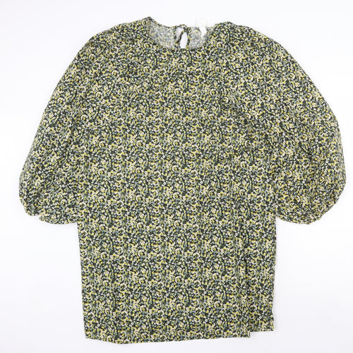 H&M Womens Yellow Floral Polyester A-Line Size M Round Neck Tie