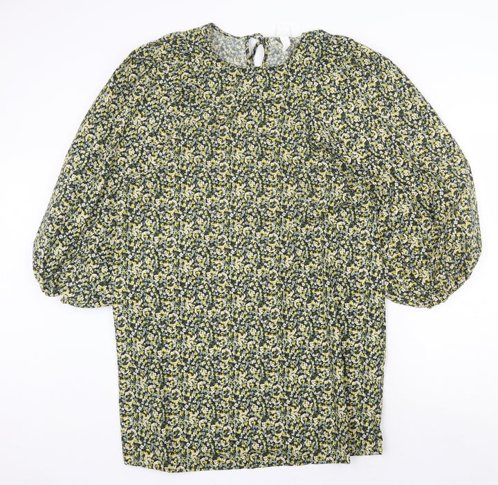 H&M Womens Yellow Floral Polyester A-Line Size M Round Neck Tie